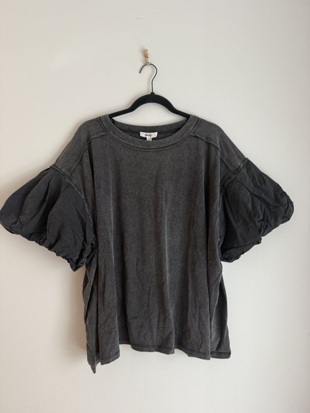 NWT Blue Velvet Black Mineral Wash Cotton Puff Sleeve Relax Fit Tee Size M [jb]